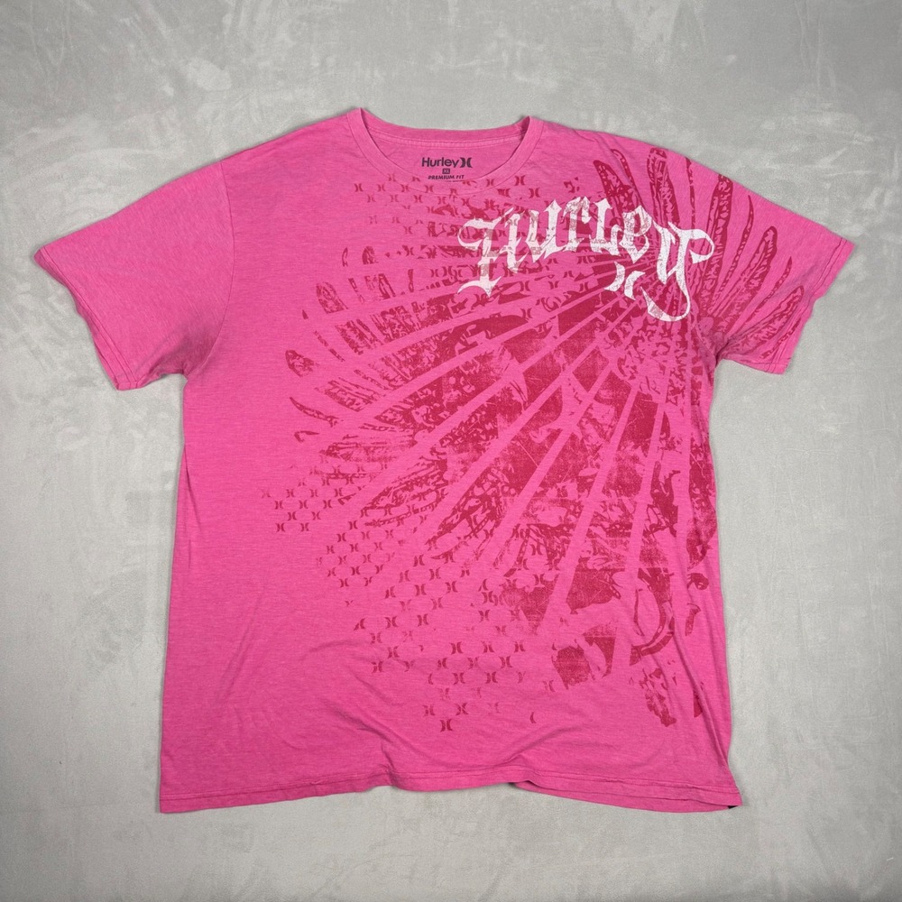 Y2K Mens Hurley Graphic Script Logo Premium Fit Surf Skate Tee Pink XL